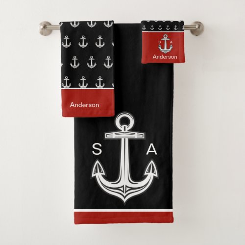 Monogrammed Anchor Nautical Black White Red Bath Towel Set
