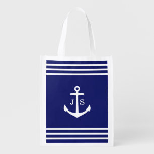 Monogrammed Anchor Nautical (blue) Grocery Bag