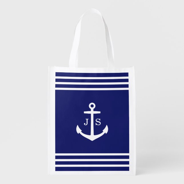 Monogrammed Anchor Nautical (blue) Grocery Bag (Front)