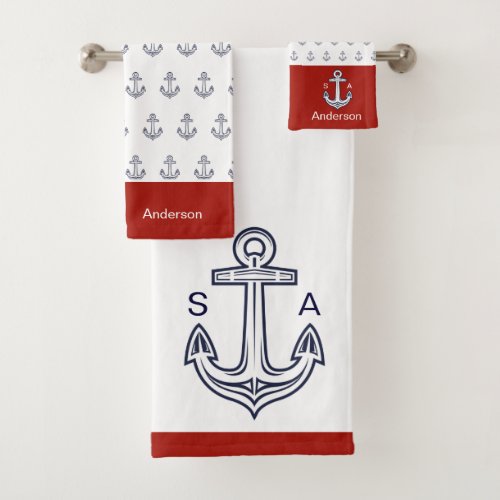 Monogrammed Anchor Nautical White Red Bath Towel Set