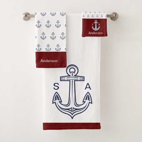Monogrammed Anchor Nautical White Red Maroon Bath Towel Set