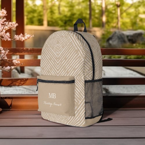 Monogrammed and Name Tan White Geometric Printed Backpack