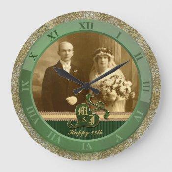 Monogrammed Antique Damask Gold Green Wedding Large Clock by BCMonogramMe at Zazzle