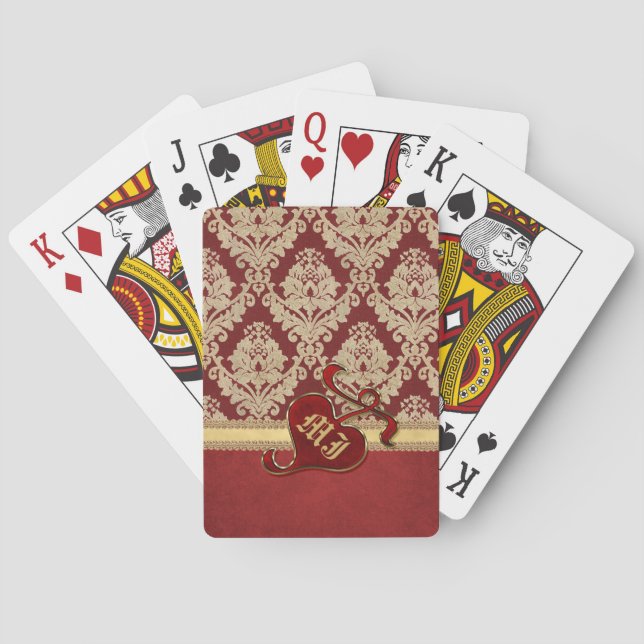 Monogrammed Antique Damask Gold Red Pomegranate Poker Cards (Back)