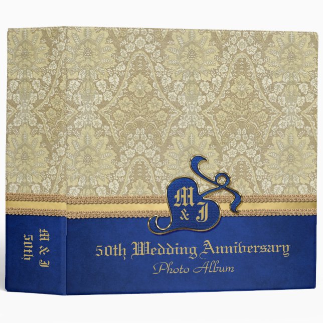 Monogrammed Antique Damask Gold Royal Blue Velvet 3 Ring Binder (Front/Spine)
