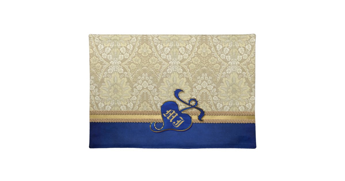 Monogrammed Antique Damask Gold Royal Blue Velvet Cloth Placemat Zazzle