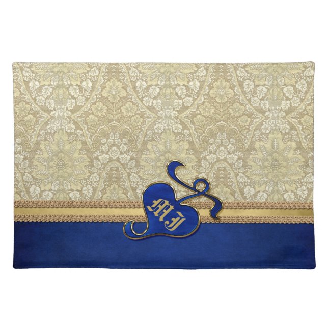 Monogrammed Antique Damask Gold Royal Blue Velvet Cloth Placemat (Front)