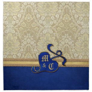 Monogrammed Antique Damask Gold Royal Blue Velvet Napkin