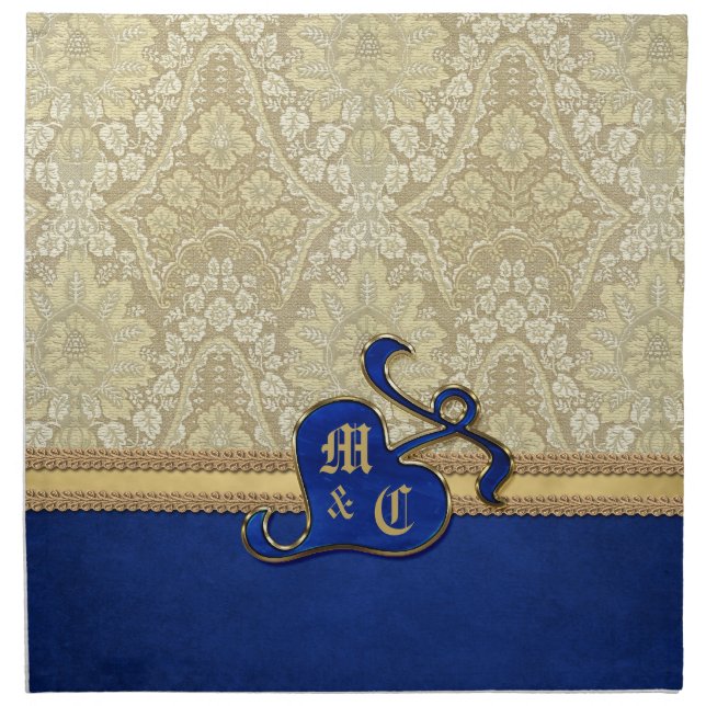 Monogrammed Antique Damask Gold Royal Blue Velvet Napkin (Front)