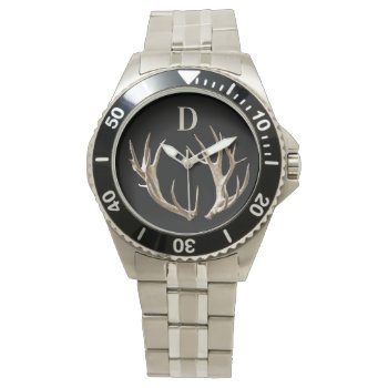 Monogrammed Antlers Hunter Outdoorsman Gift Watch by DustyFarmPaper at Zazzle