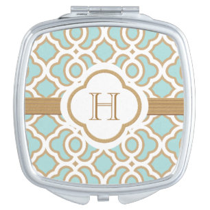 MONOGRAMMED AQUA AND GOLD MIRROR FOR MAKEUP