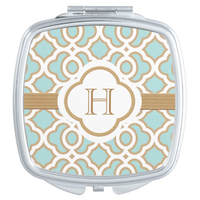 MONOGRAMMED AQUA AND GOLD MIRROR FOR MAKEUP (Front)