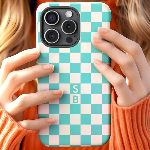 Monogrammed Aqua And White Checkerboard Pattern iPhone 15 Case