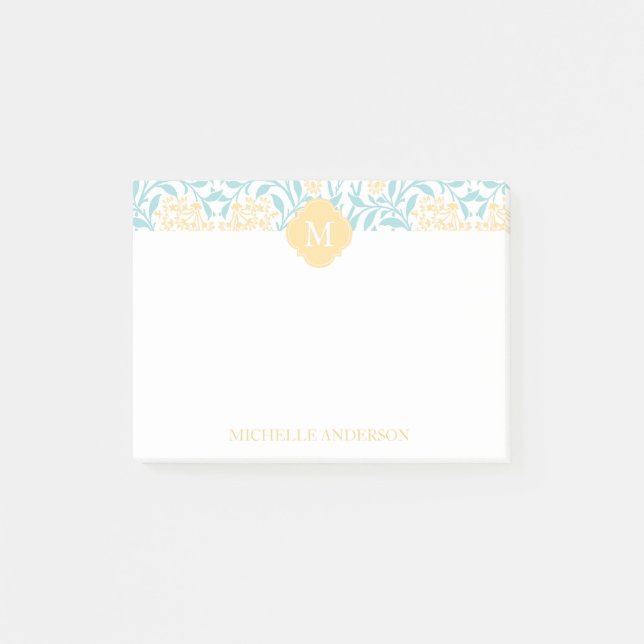 Monogrammed Aqua and Yellow Floral Damask Post-it Notes (Front)