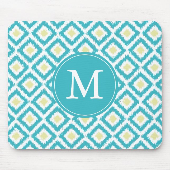 Monogrammed Aqua and Yellow Ikat Pattern Mouse Pad (Front)