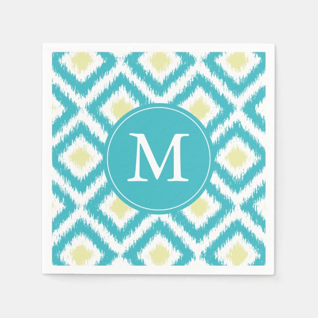 Monogrammed Aqua and Yellow Ikat Pattern Paper Napkins (Front)