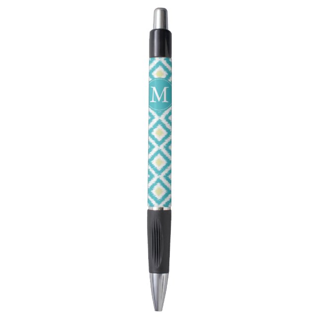 Monogrammed Aqua and Yellow Ikat Pattern Pen (Front Vertical)