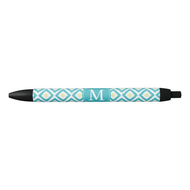 Monogrammed Aqua and Yellow Ikat Pattern Pen (Front)