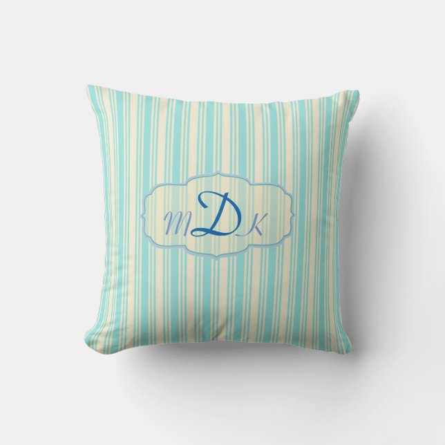 Monogrammed Aqua and Yellow Striped Throw Pillow (Front)