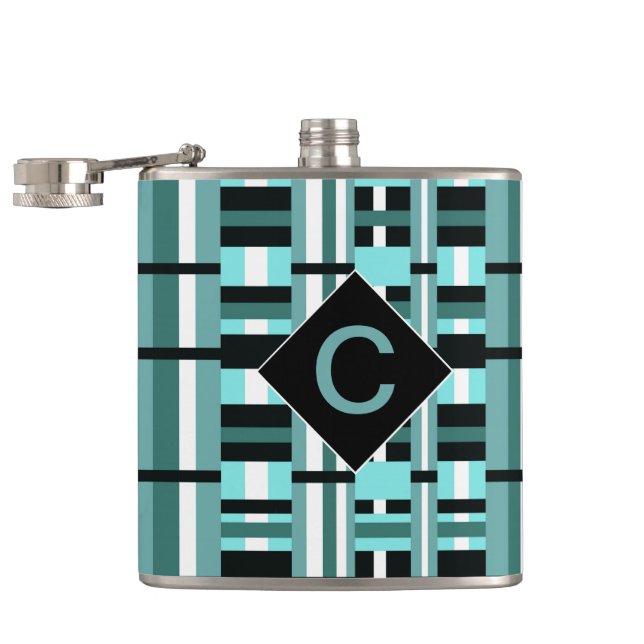 Monogrammed Aqua & Black Plaid Flask (Opened)