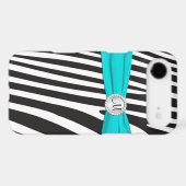 Monogrammed Aqua, Black, White Zebra Striped Case-Mate iPhone Case (Back (Horizontal))