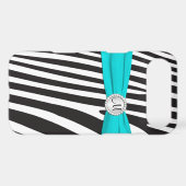 Monogrammed Aqua, Black, White Zebra Striped Case-Mate iPhone Case (Back (Horizontal))