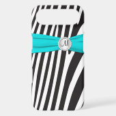 Monogrammed Aqua, Black, White Zebra Striped Case-Mate iPhone Case (Back)