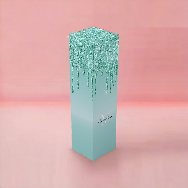 Monogrammed Aqua Blue Glitter Drip Wine Gift Box (Creator Uploaded)