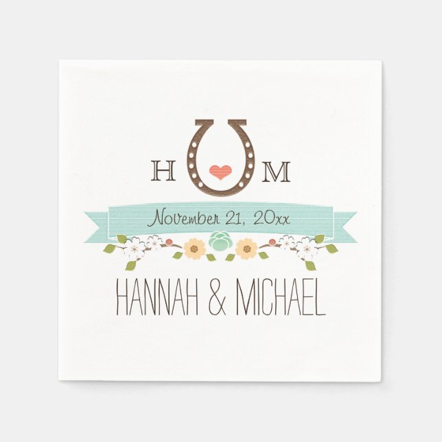 Monogrammed Aqua Blue Horseshoe Heart Wedding Napkins (Front)