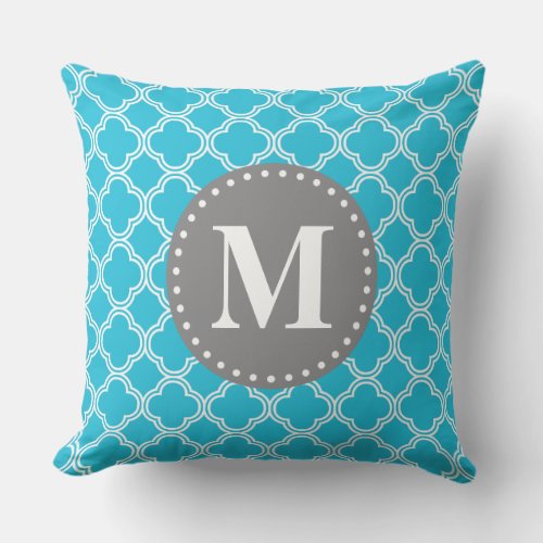 Monogrammed Aqua Blue Modern Quatrefoil Pattern Throw Pillow