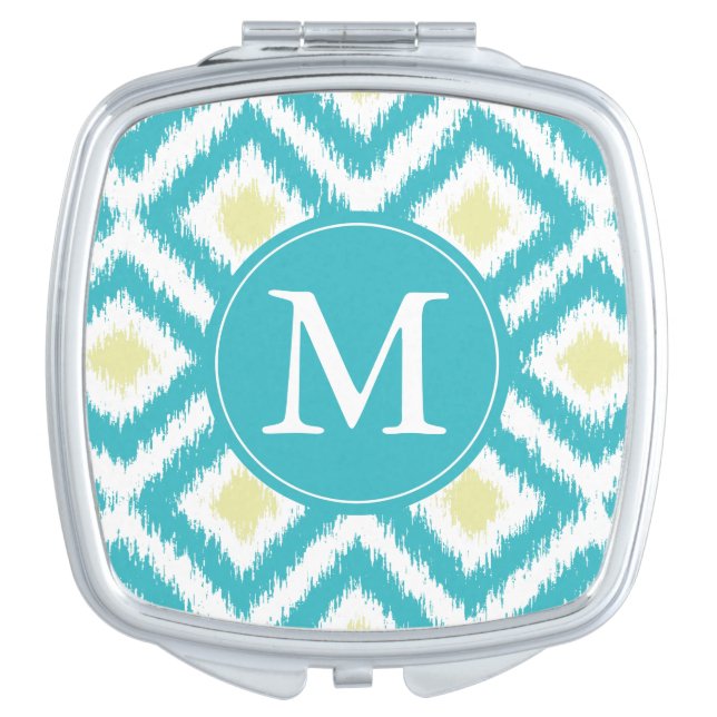Monogrammed Aqua Lemon Diamond Ikat Pattern Vanity Mirror (Front)