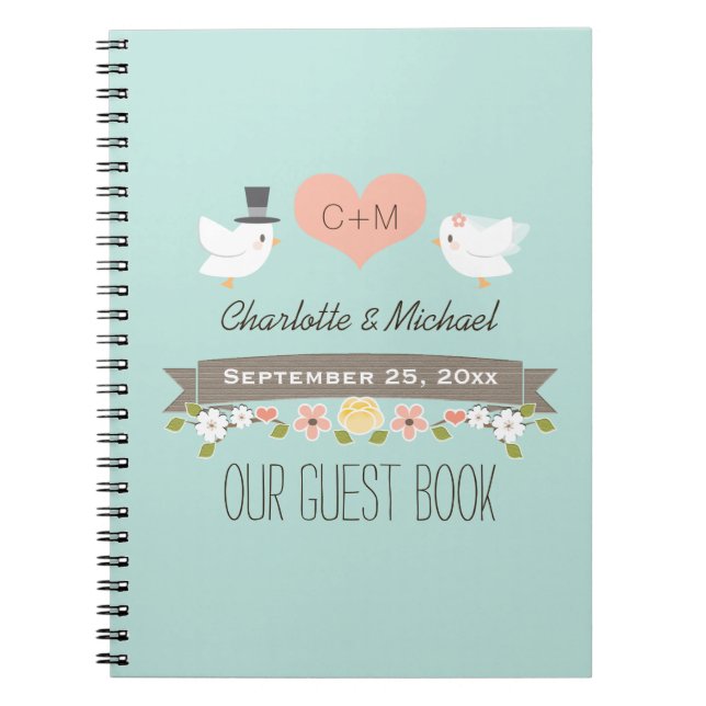 Monogrammed Aqua Love Birds Wedding Guest Book (Front)
