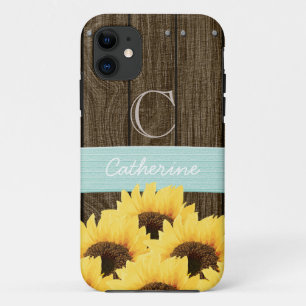 MONOGRAMMED AQUA RUSTIC SUNFLOWER iPhone 11 CASE