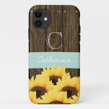 Monogrammed Aqua Rustic Sunflower Iphone 11 Case by cutecases at Zazzle