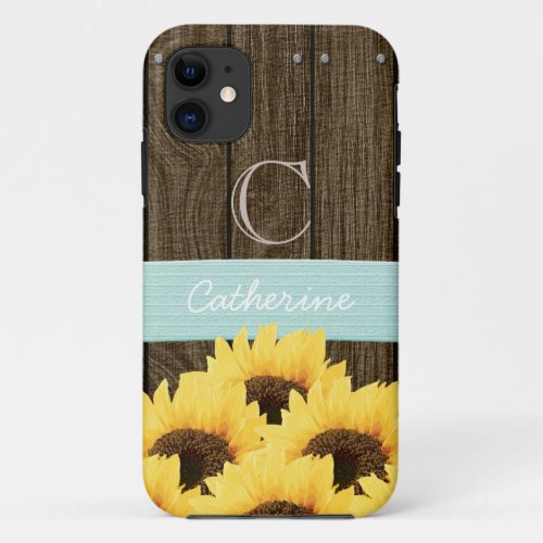 MONOGRAMMED AQUA RUSTIC SUNFLOWER iPhone 11 CASE