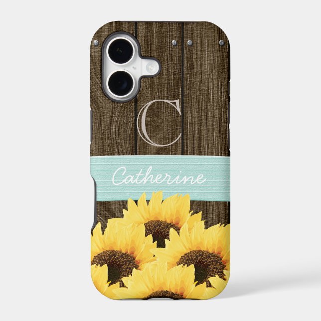 MONOGRAMMED AQUA RUSTIC SUNFLOWER IPHONE CASE (Back)