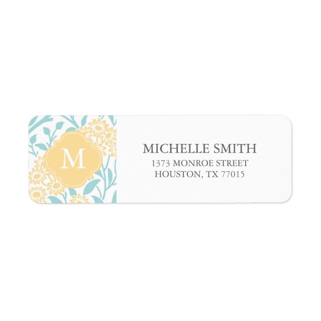 Monogrammed Aqua Yellow Floral Damask Pattern Label (Front)