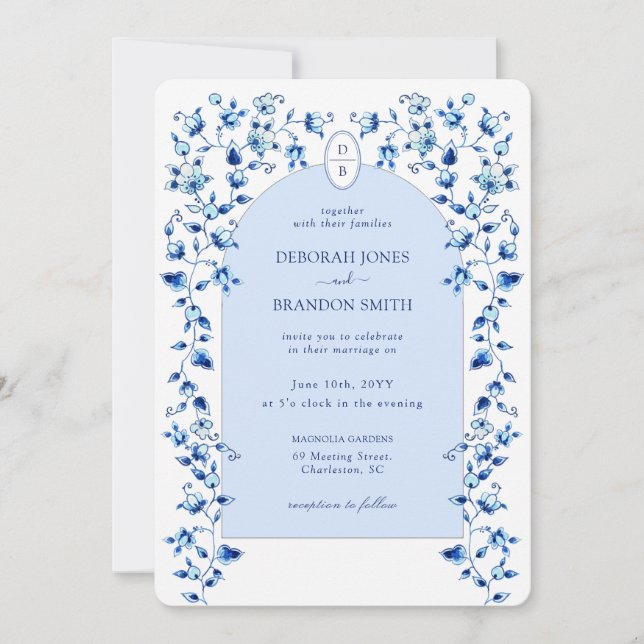 Monogrammed Arch Delft wedding Invitation (Front)