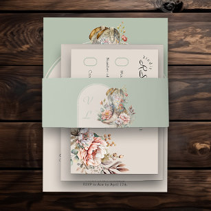 Monogrammed Arch Sage Green Floral Cowgirl Boots Invitation Belly Band