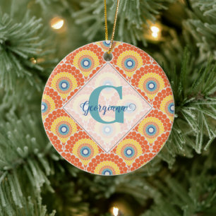 Monogrammed Art Deco Aegean Summer Radiant Mandala Ceramic Ornament