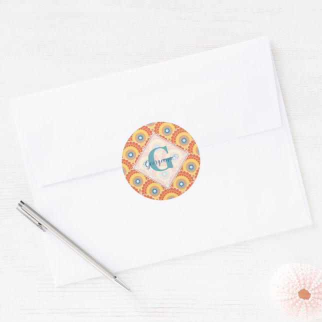 Monogrammed Art Deco Aegean Summer Radiant Mandala Classic Round Sticker (Envelope)