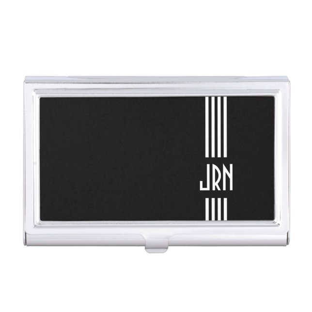 Monogrammed Art Deco | Black and White Business Card Holder (Front)