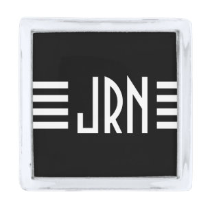 Monogrammed Art Deco   Black and White Silver Finish Lapel Pin