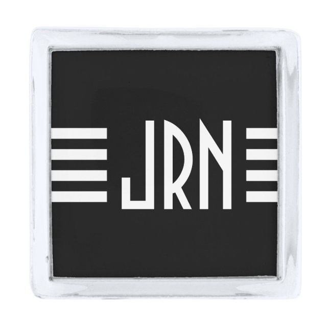 Monogrammed Art Deco | Black and White Silver Finish Lapel Pin (Front)