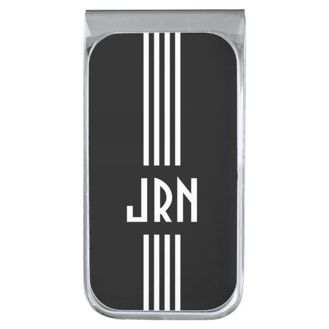 Monogrammed Art Deco | Black and White Silver Finish Money Clip (Front Vertical)