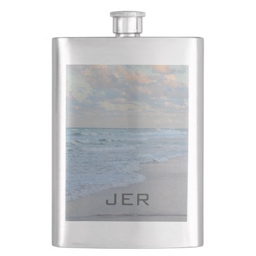 Monogrammed Artistic Blue Green Ocean Shoreline Flask