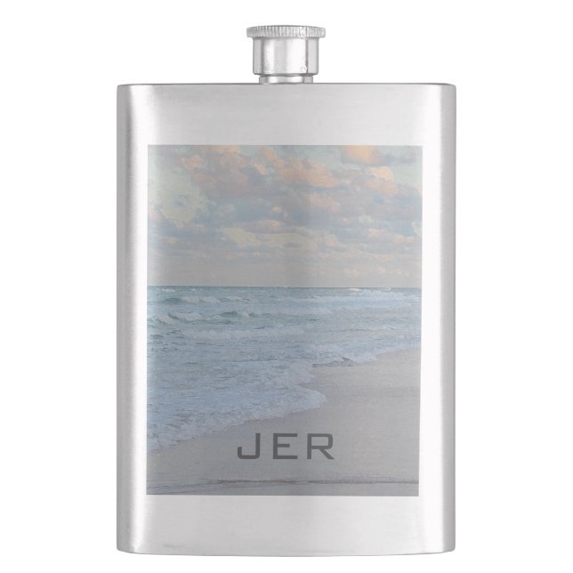 Monogrammed Artistic Blue Green Ocean Shoreline Flask (Front)