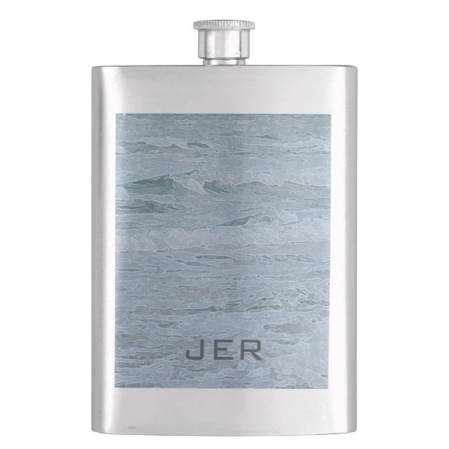 Monogrammed Artistic Blue Green Ocean Waves Flask (Front)