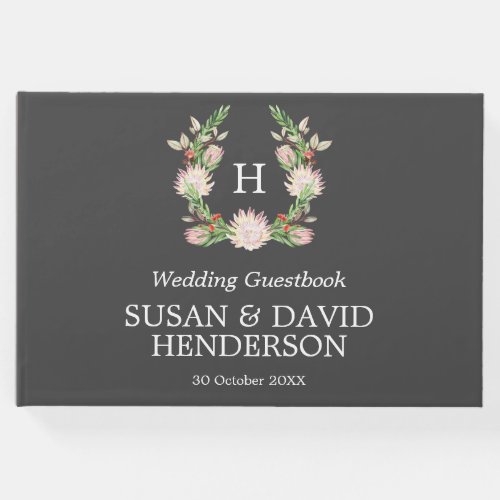 Monogrammed Australian Flowers Gray  Pink Wedding Guest Book