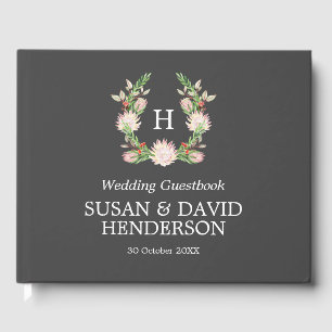 Monogrammed Australian Flowers Gray & Pink Wedding Guest Book
